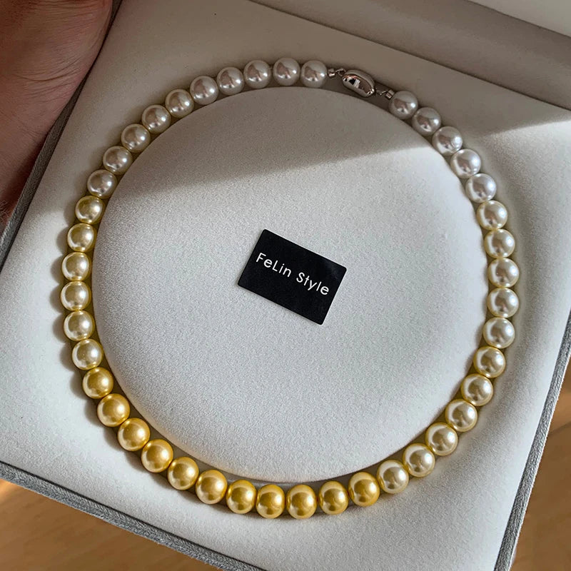 French Gradient Australian White Light Gold Color Pearl Necklace For Women's Light Luxury Temperament Jewelry 2025 New Elegant