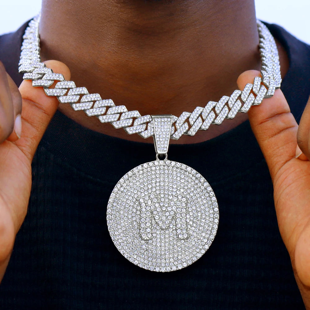 Men Initial Name Pendant Necklace with Hip Hop Iced Out Rhinestone Paved Cuban Link Chain Necklace Fashion Birthday Jewelry Gift