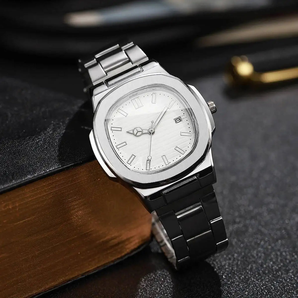 Luxury Men Business Watches Fashion Square Dial Stainless Steel Strap Quartz Watch with Calendar For Mens Clock（Without Box）