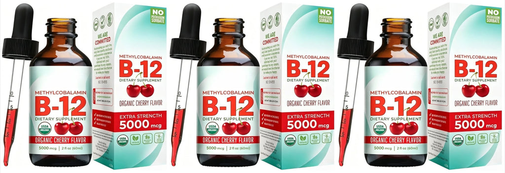 Methylcobalamin B12 5000mcg Daily Energy Vitality Support Organic Cherry Flavor Liquid Drops 60ml