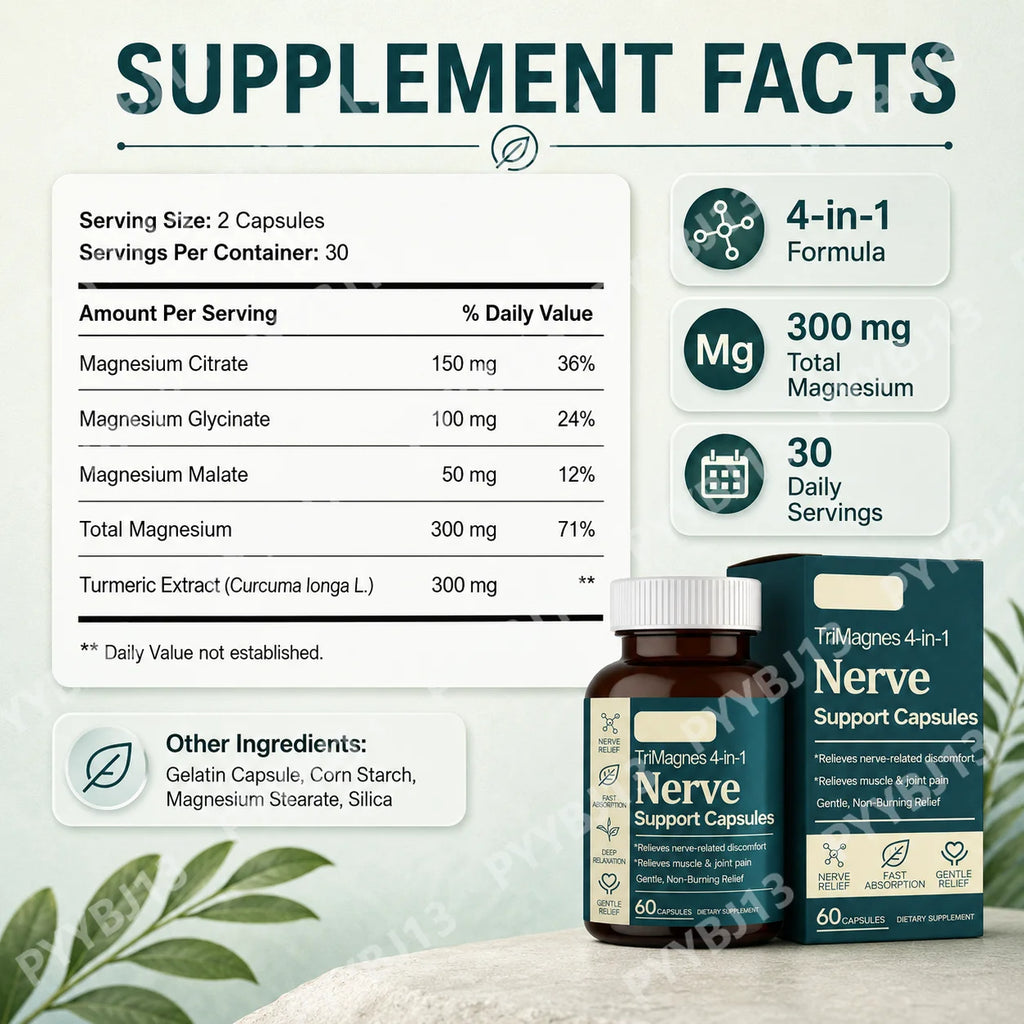 4-in-1 Magnesium Nerve Support Capsules with Citrate Glycinate Malate & Turmeric Extract, 60 CT, Fast Absorption Formula