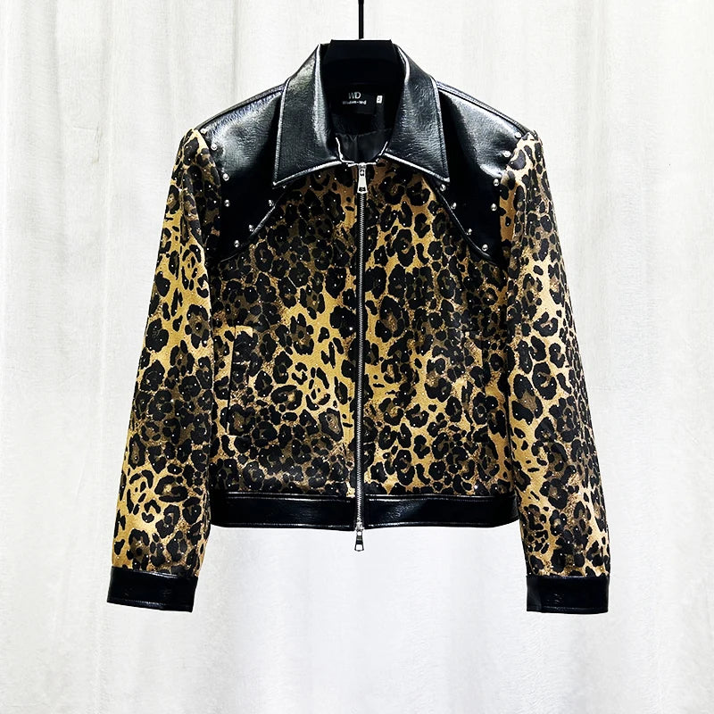 PFHQ Fashion Men's Jacket American Style Leopard Print Patchwork Rivet Design Spliced Leather Lapel Short Zipper Coats 21P1523