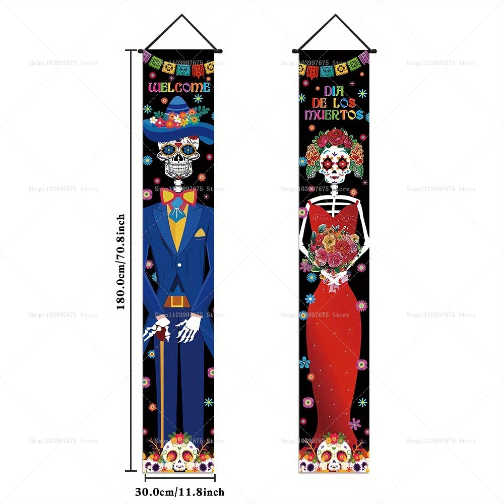 Halloween Decorations Dia De Los Muertos Porch Sign Banners Mexico Day of The Dead Hanging Banner for Indoor Outdoor Wall Decor