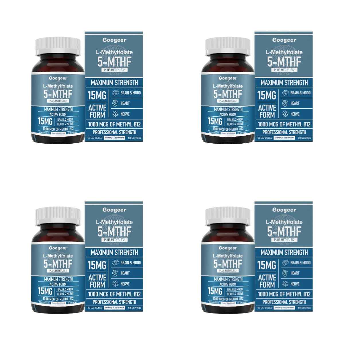 Googeer L Methylfolate 15mg + Methyl B12 1000mcg Active Folate B12 Support 60 Capsules