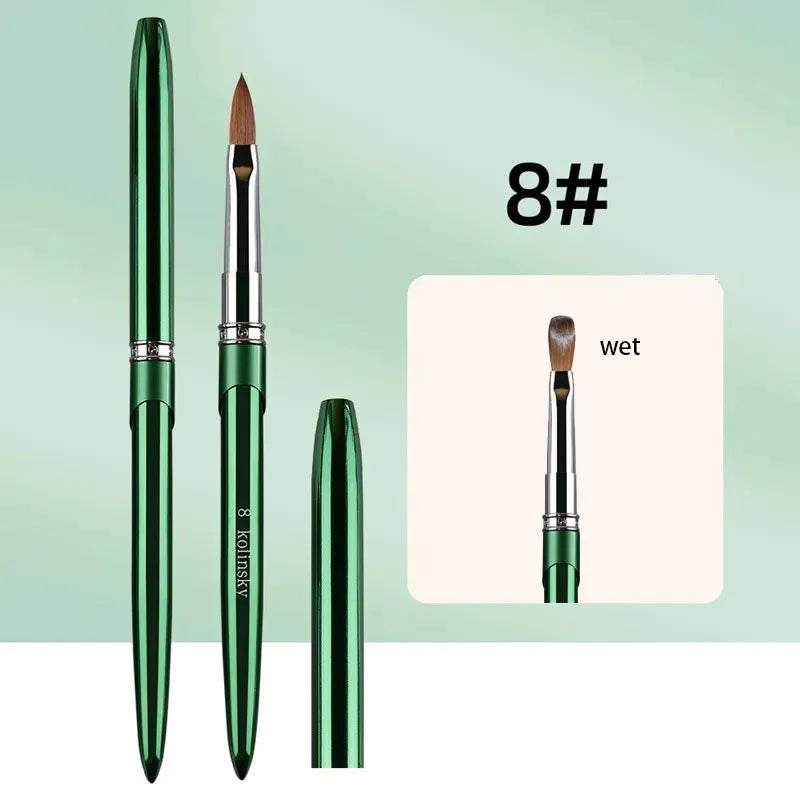 100% Kolinsky Acrylic Nail Brush 1Pcs Green Crimped Metal Handle Drawing Brush for Acrylic Powder Size 2-18