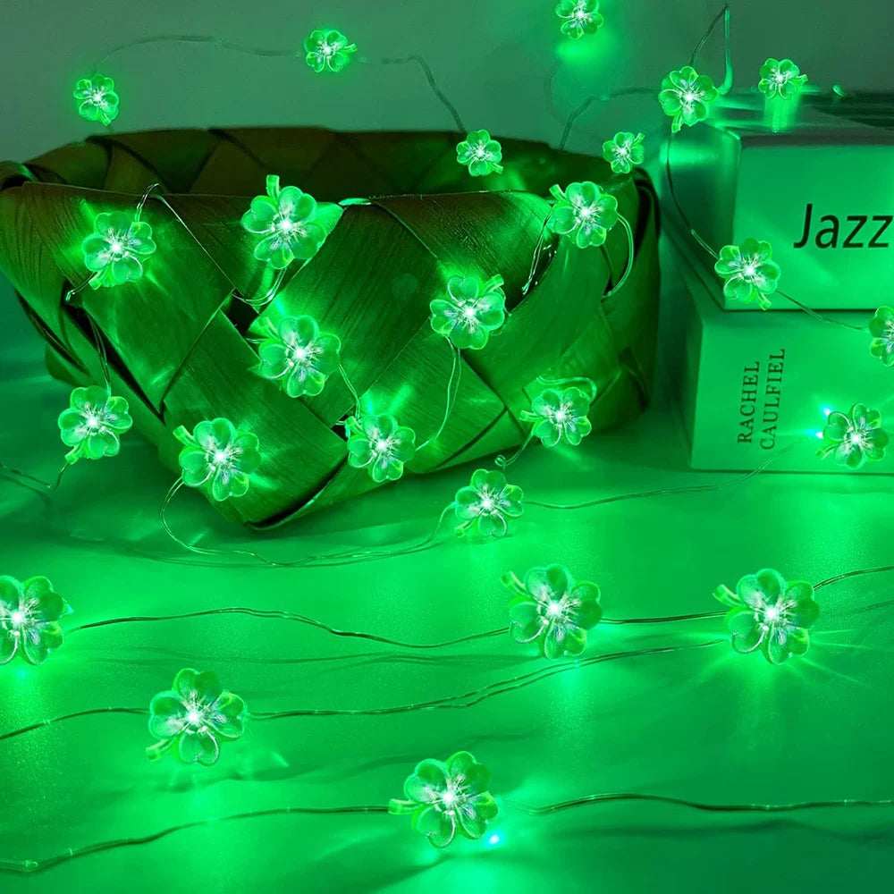 2M Clover Indoor Decorative Lights Battery-Powered Clover String Lights Lucky Four-Leaf Clover Green Lights DIY Party Decoration