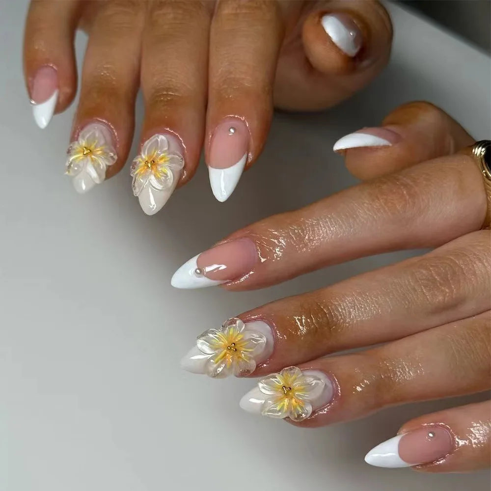 24Pcs Mid-length French Almond Press on Nails Tips 3D Flower Starfish French Fake Nails White Gradient Wearable False Nails Art