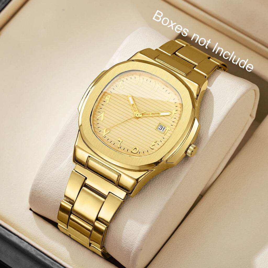 Luxury Men Business Watches Fashion Square Dial Stainless Steel Strap Quartz Watch with Calendar For Mens Clock（Without Box）