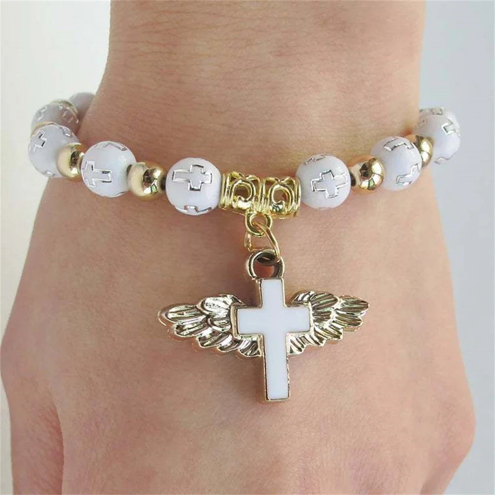 Fashion Acrylic Beaded Bangles Bracelet With Angel Wings Cross Pendant For Women Men Wristbands Lucky Jewelry Gifts