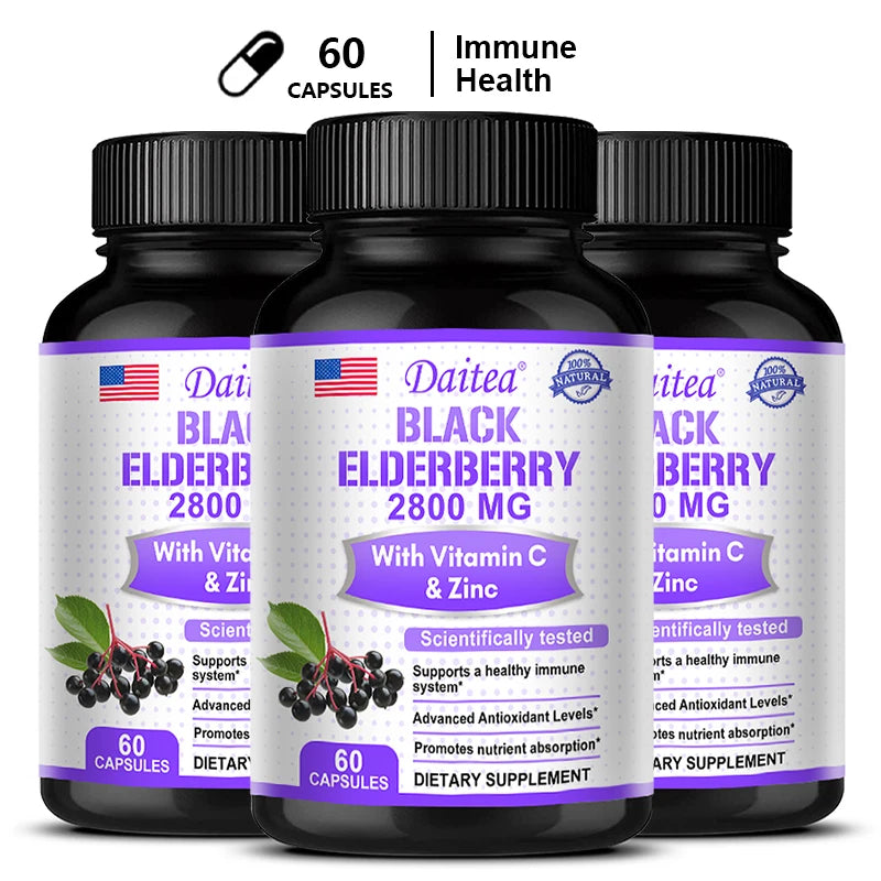 Black Elderberry Capsules 2000mg with Vitamin C, Milk Thistle, Antioxidants, Immune System Support, Energy Boost, Non-GMO