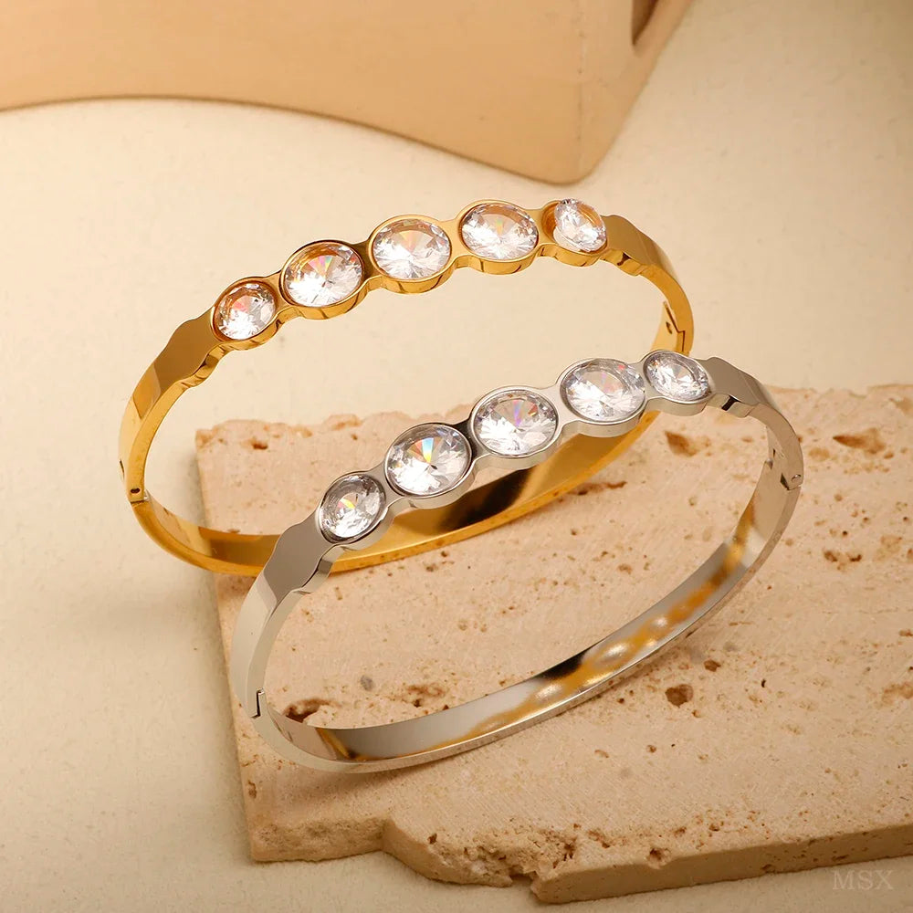 Stainless Steel Inlaid Zircon Bangle Round Bracelets