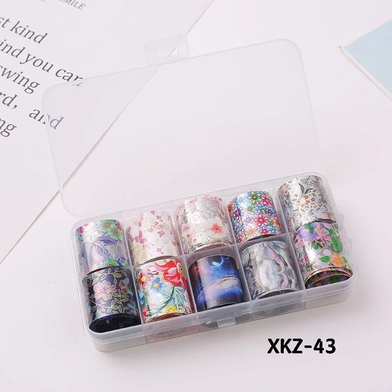 10 Rolls/ Box Charm Nail Foils Polish Stickers Metal Color Starry Paper Transfer Foil Wraps Adhesive Decals Nail Art Decorations