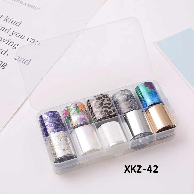 10 Rolls/ Box Charm Nail Foils Polish Stickers Metal Color Starry Paper Transfer Foil Wraps Adhesive Decals Nail Art Decorations