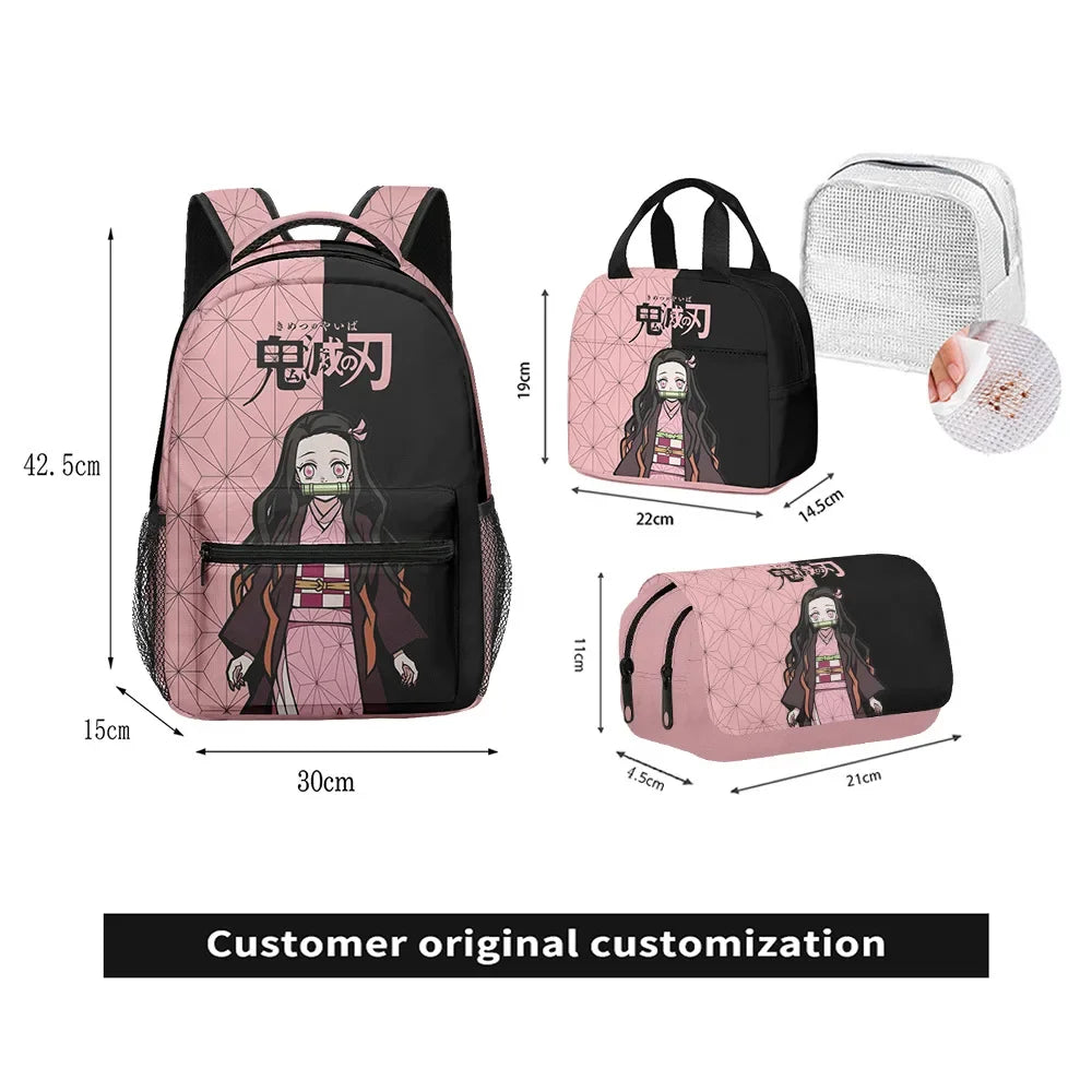 New Anime Peripheral Demon Slayer 3D School Backpack Lunch Bag Pencil Case 3-Piece Set Printed Holiday Gift for Students Gift