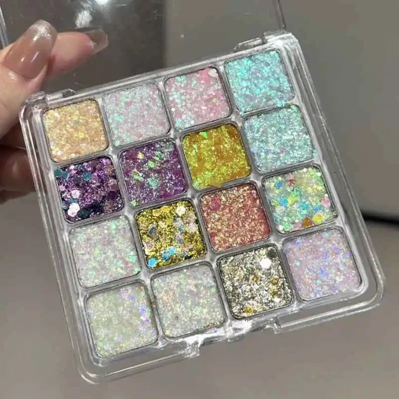 16-Color Bling Jelly Eye Shadow Palette Heart Sequin Glitter Pumpkin/Purple/Cherry/Blue/Gold Shade Stage Performance Make up