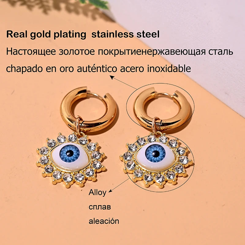 Stainless Steel Hoop Earrings for Women Rhinestone Alloy Evil Eye Fashion Ear Buckle Jewelry Accessories MOON GIRL