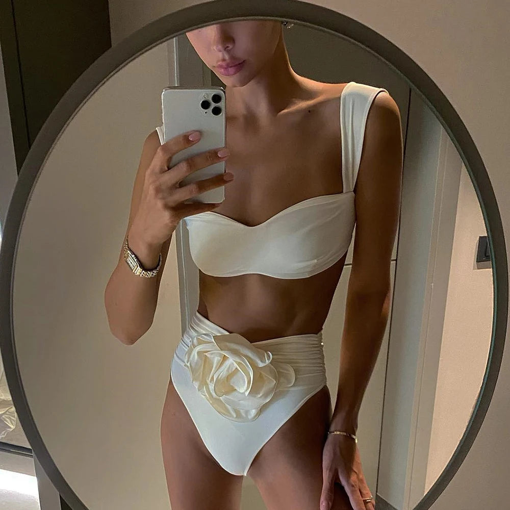 Two-Piece Women Floral Lace-Up 2023 Push-Up Padded Bra White Bikini Set Swimsuit Swimwear Bathing Suit Beachwear Biquini