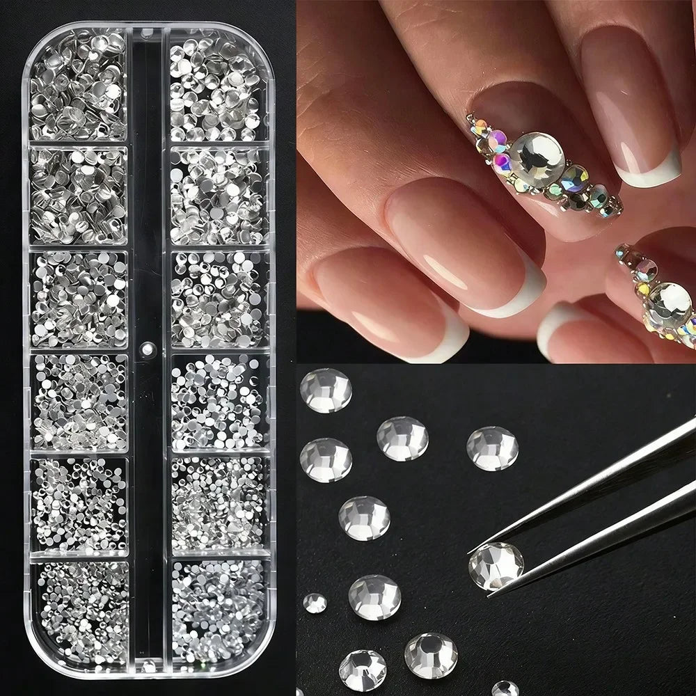 12 Grids Nail Rhinestones Mixed Size Clear Crystal AB Charms Flatback DIY Nail Art Decor