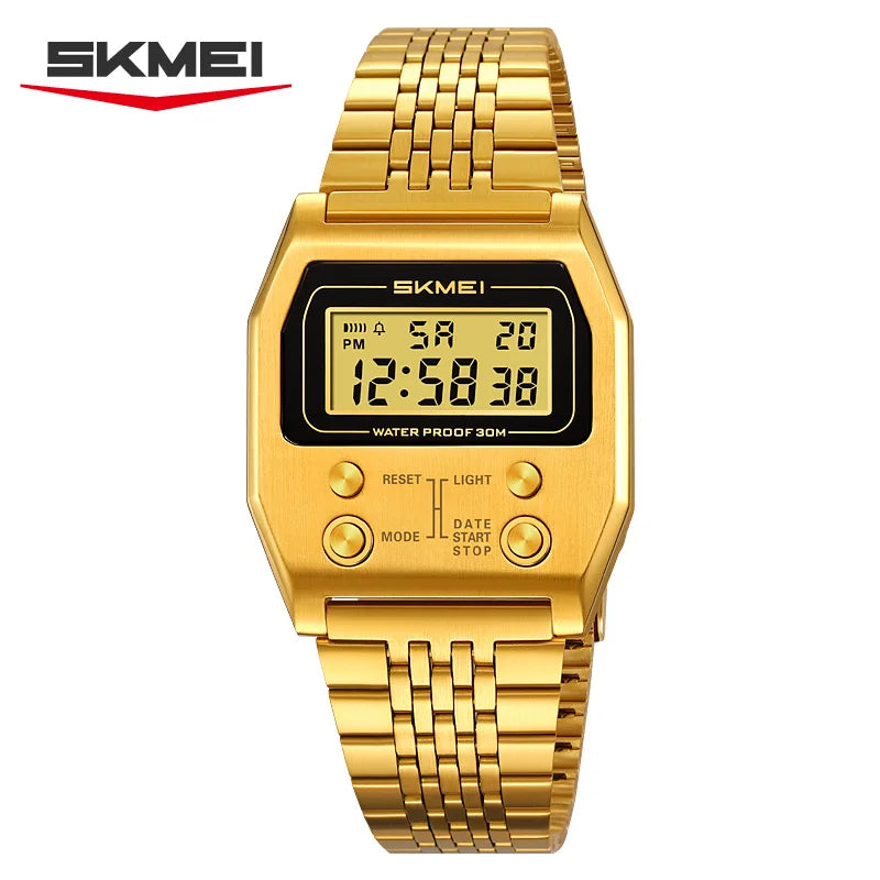 SKMEI 2460 Electronic Waterproof Digital Mens Wristwatches Stainless Steel Sport Luxury Retro LED Watch for Men Reloj Hombre