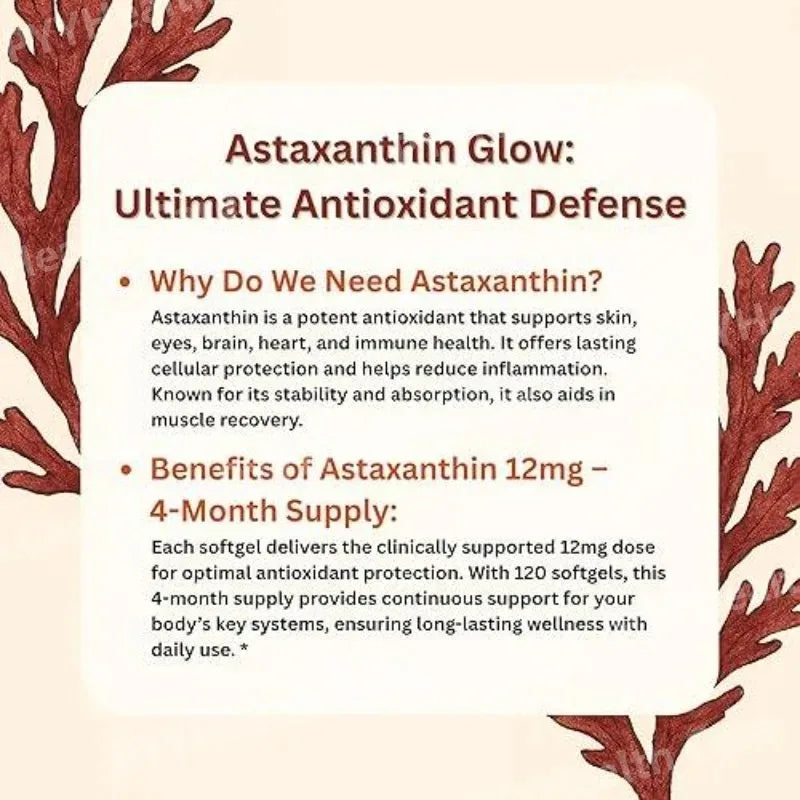 Astaxanthin Softgels 12mg with MCT Coconut Oil from Haematococcus Pluvialis Microalgae Daily Wellness Supplement 120 Count