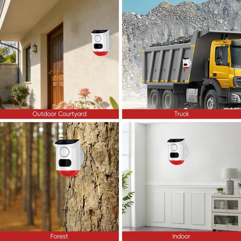 Solar Strobe Alarm Light with Motion Sensor Siren Outdoor Alarm Siren with Remote Controller 120db Sound Security Siren Light