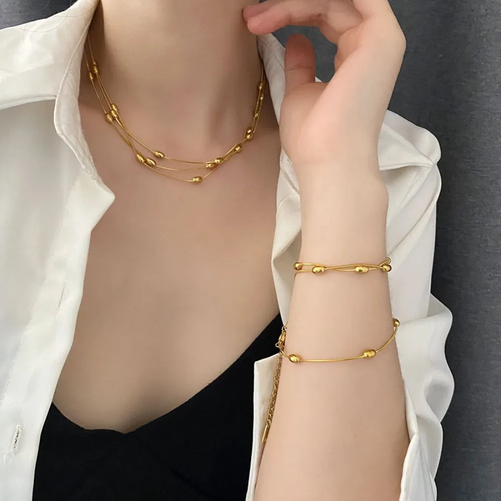 Personalized Design Gold Color Stainless Steel Multiple Layers Round Bead Bracelet for Women Charm Necklace Jewelry Set Gift