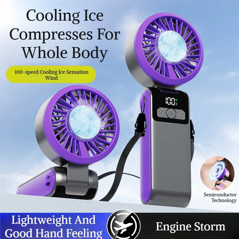 Handheld Folding Semiconductor Digital Display Desktop Fan Cooling Superconductor Ice Compress Handheld Fan One-Button Outdoor