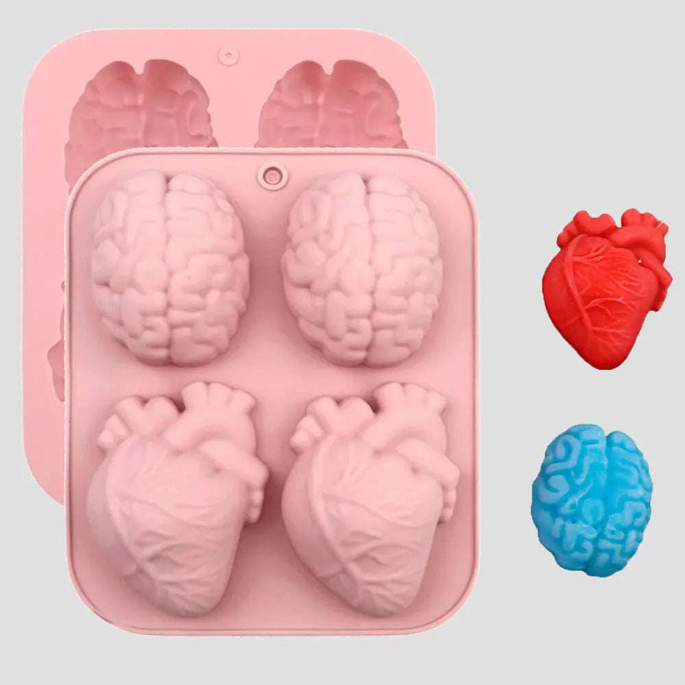 2 Cavity Heart Head Silicone Scent Candle Mold Human Brains Plaster Resin Mold Handmade 3D Organ Halloween Decor DIY Craft Gifts