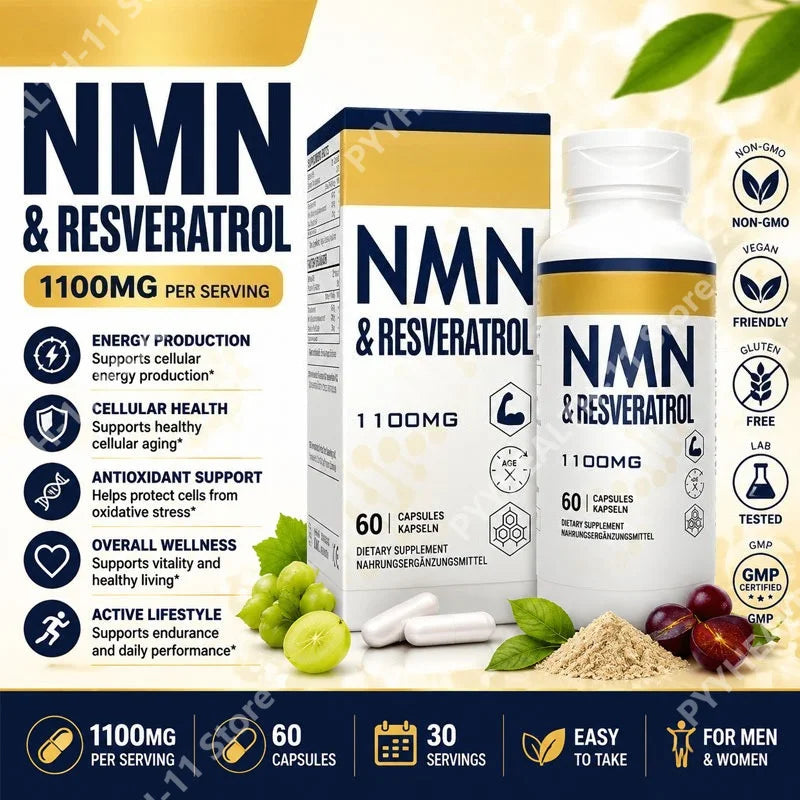 NMN & Resveratrol Capsules Antioxidant Complex Supplement with Black Pepper Extract 1100mg 60 Capsules