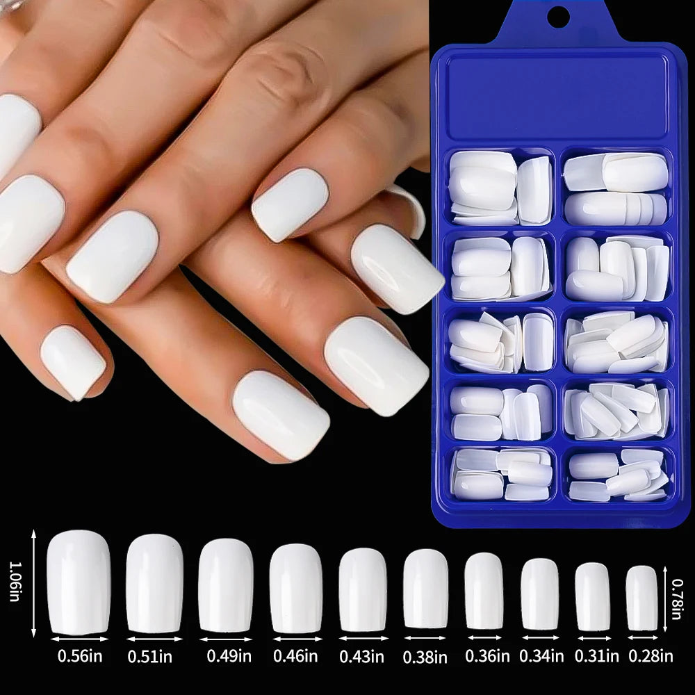 100pcs White Medium Square False Nails Full Cover Acrylic Artifical Fake Nail Tips Women Nail Decoration 10 Sizes Press On Nails