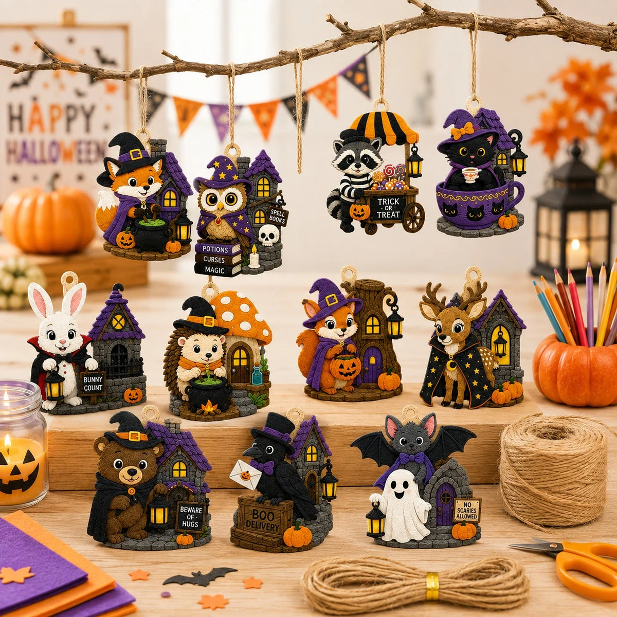 11 PCS Felt Halloween Decor 2D Flat Hanging Ornaments, Halloween Holiday Felt Cutouts, DIY Decor for Home Halloween Party Decor