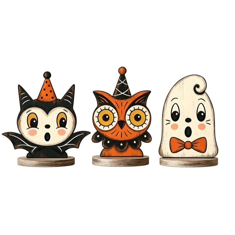 1/6pc Halloween Decor Indoor Retro Wooden Block for Shelf Decoration,Cute Ghost,Pumpkin,Black,Cat,Skeleton,Owl,Housewarming Gift