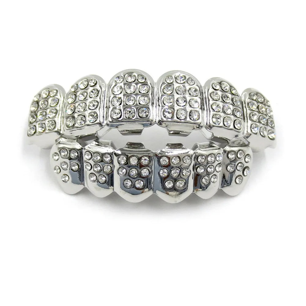 TOPGRILLZ Fashion Hip Hop Gold Silver Color Iced Out CZ Stones Teeth Grillz Top Bottom Teeth Braces For Men Women Jewelry Gifts