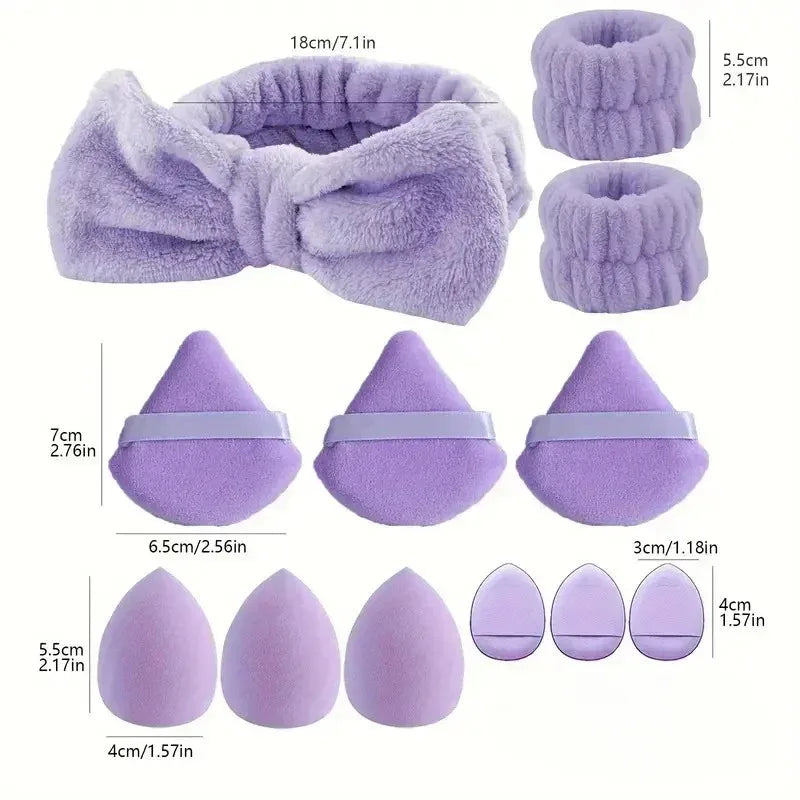 12Pcs Makeup Sponge Kit with Spa Headband, Foundation Blending Egg & Velvet Powder Puff, Complete Cosmetic Tools Set for Women -