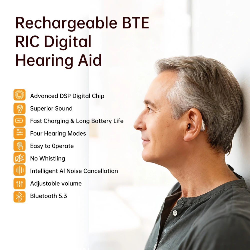 Mirasing Hearing Aids，Bluetooth RIC Hearing Aid - 2025 Rechargeable BTE with Noise Cancelling & Charging Case