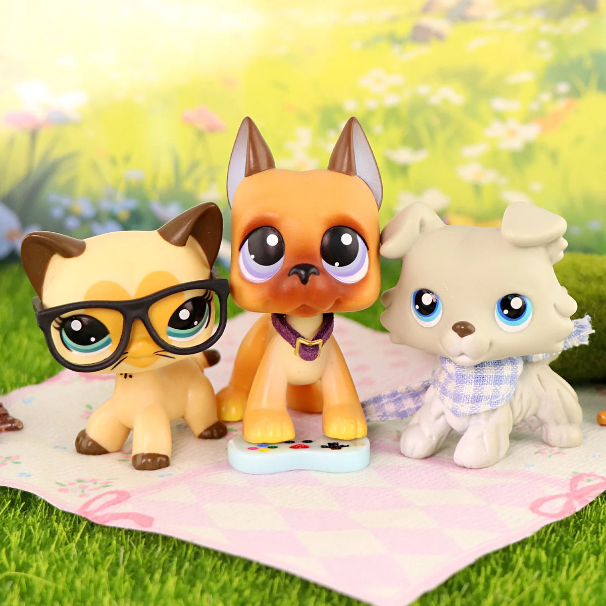 3 Pcs Minilpsshop Bobble Head Toys Shorthair Cat #3573 Collie #363 Great Dane #244 with Accessories Kids Gift for LPS