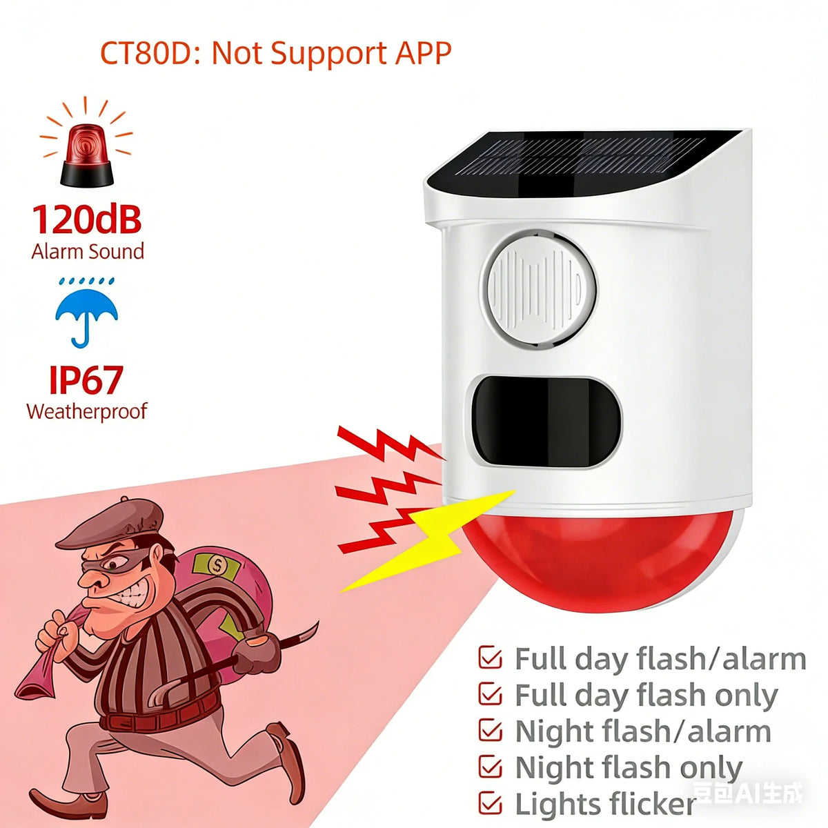 Solar Strobe Alarm Light with Motion Sensor Siren Outdoor Alarm Siren with Remote Controller 120db Sound Security Siren Light