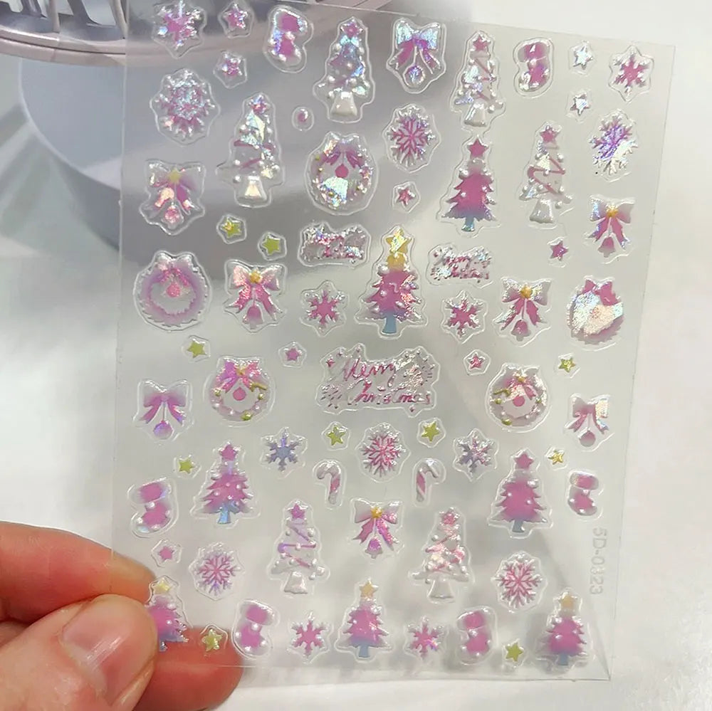 1pcs Aurora Pink Christmas Tree Bow Wreath Nail Art Stickers Cute Pink Stocking Snowflakes Nail Decals Self-Adhesive Xmas Decor