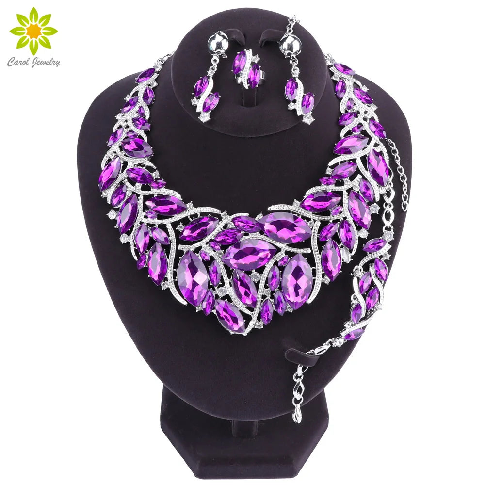 Luxury Silver Color Purple Crystal Bridal Jewelry Sets for Brides Necklace & Earrings Set Wedding Party Costume Accessories