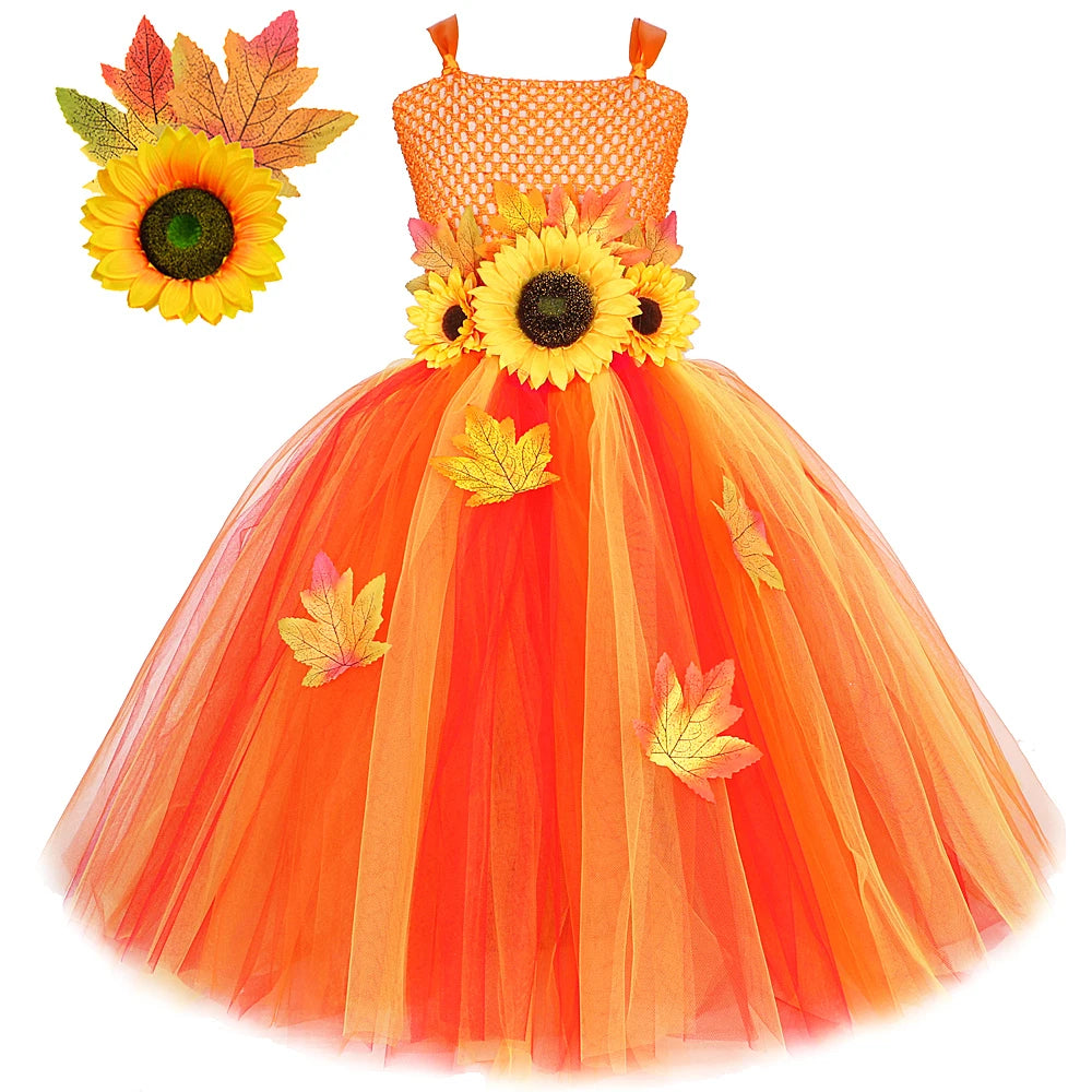 Maple Leaf Sunflower Fairy Costumes Girls Fall Autumn Long Tutu Dress for Kids Thanksgiving Halloween Fancy Outfit with Wings