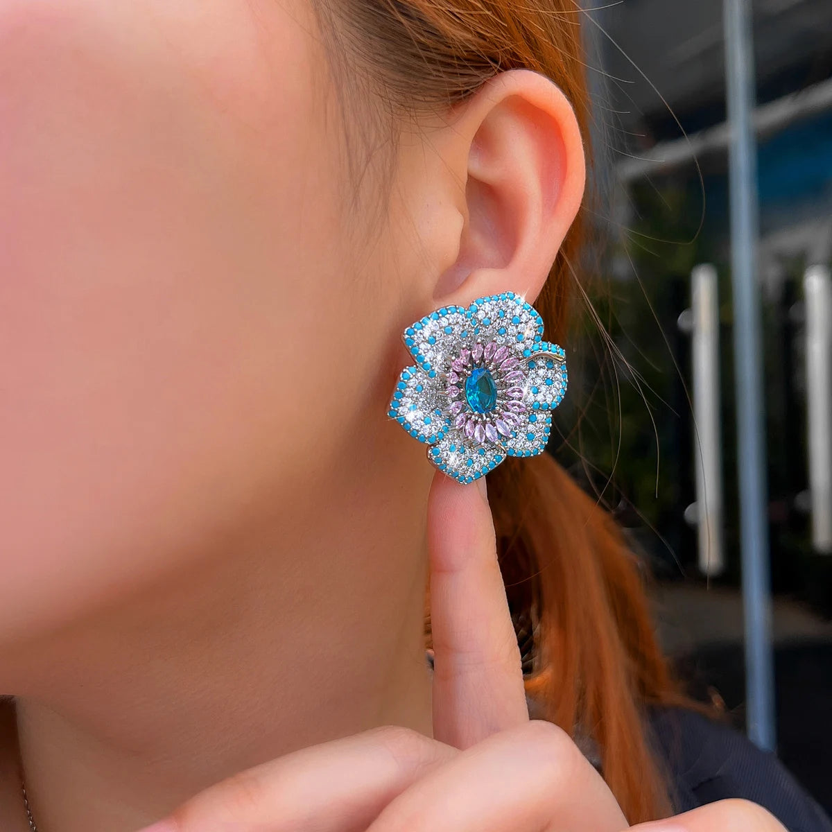 CWWZircons Fashion Korean Blue Pink CZ and Turquoise Micro Pave Large Flower Stud Earrings for Women Wedding Party Jewelry E1184