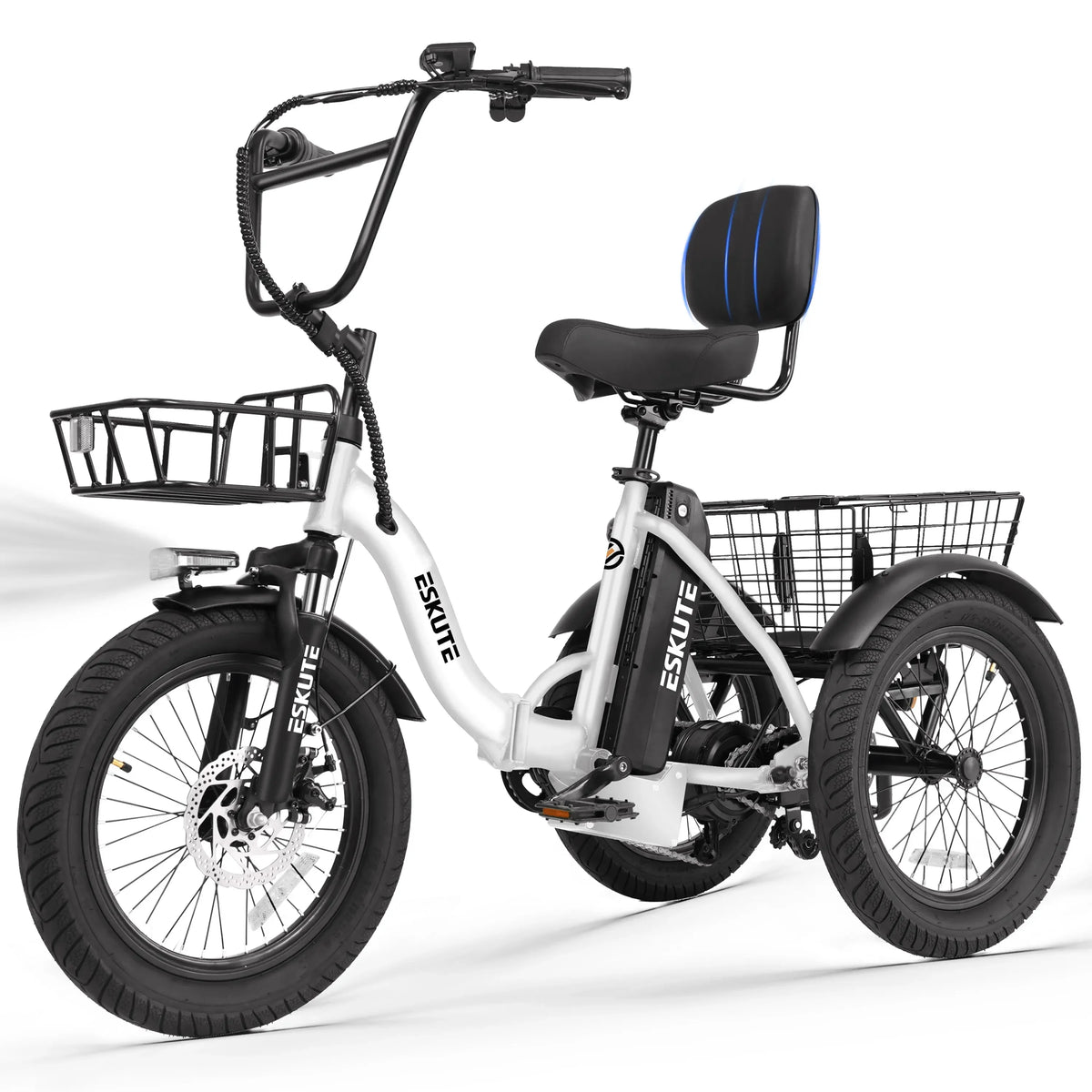 ESKUTE T300 E Trike Electric Bike, Peak 1200W Brushless Motor Folding Trike 18X3.0 Tire Ebike, 624Wh Removable Battery,
