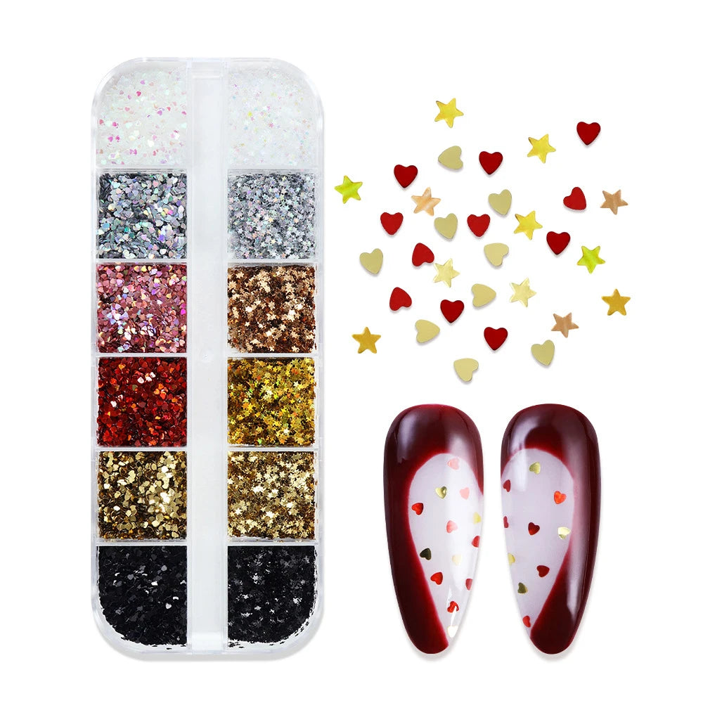 12 Grids Y2K Mini Laser Star Heart Nail Sequins Glitter Five-pointed Stars Nail Flakes Epoxy Resin Mold Fillers Manicure Decor *