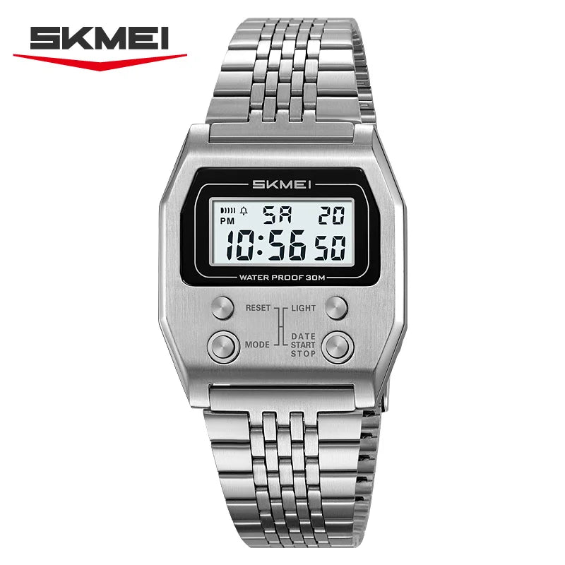 SKMEI 2460 Electronic Waterproof Digital Mens Wristwatches Stainless Steel Sport Luxury Retro LED Watch for Men Reloj Hombre
