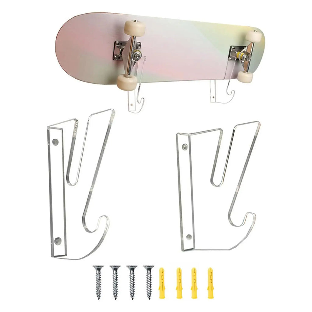 2Pcs Skateboard Wall Mount Organizer Rack Surfboard Acrylic Holder with Hanger Hook Skis Snowboard Stand for Longboard Display