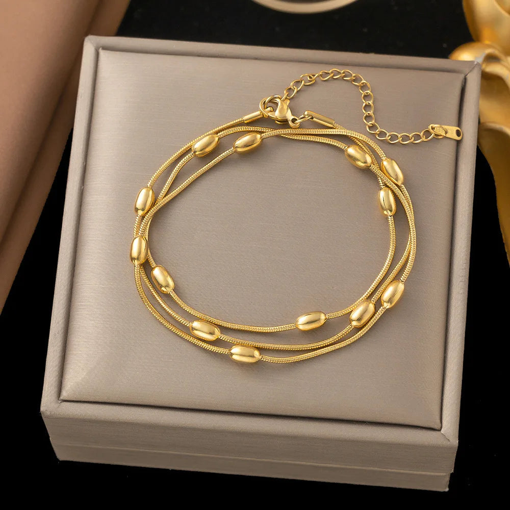 Personalized Design Gold Color Stainless Steel Multiple Layers Round Bead Bracelet for Women Charm Necklace Jewelry Set Gift