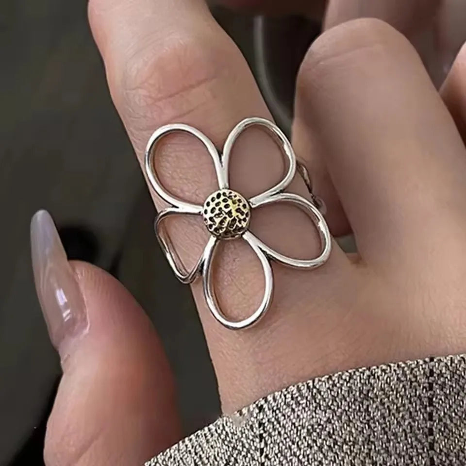 925 Sterling Silver Flower Geometry Ring For Women Girl Hollow Out Zircon Grace Wide Jewelry Gift Dropshipping