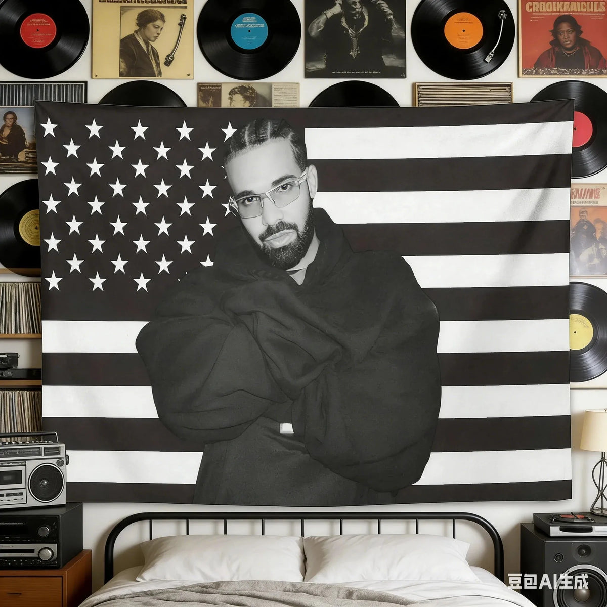 VIKAMA Drake Hip Hop Flag Tapestry Polyester Wall Hanging Black White American Flag Art for Bedroom Living Room Dorm Home Decor