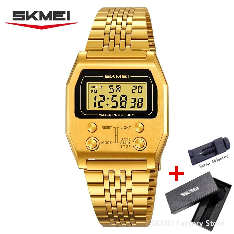 SKMEI 2460 Electronic Waterproof Digital Mens Wristwatches Stainless Steel Sport Luxury Retro LED Watch for Men Reloj Hombre