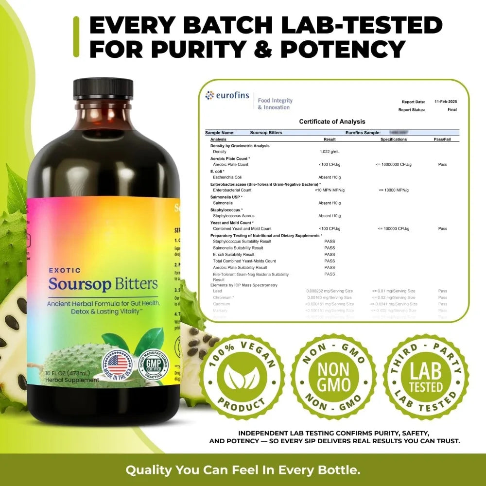 Soursop Bitters Liquid Supplement,Black Seed Moringa Irish Moss Drops for Gut Digestive Wellness Immune Support 473ml Bottle